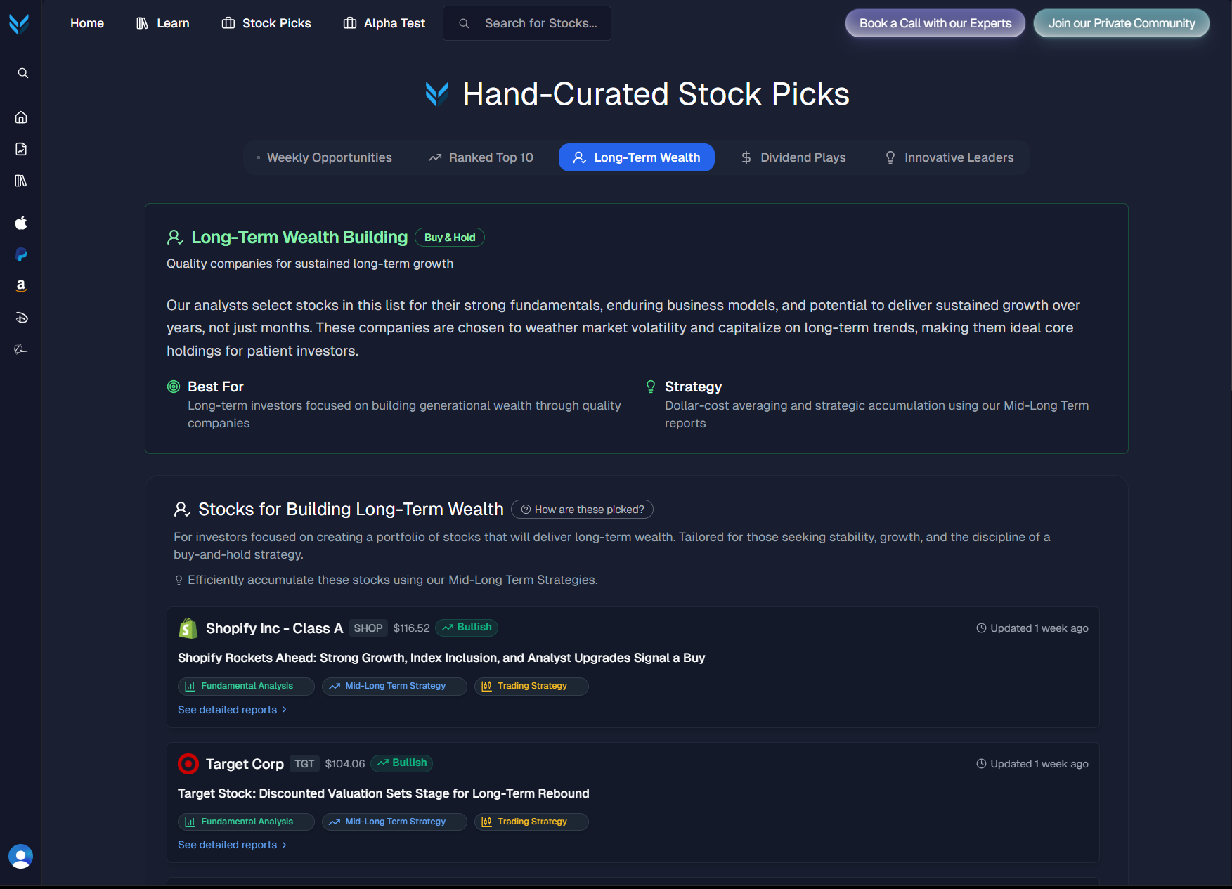 MarketDash Alpha Dashboard showing hand-curated stock picks, long-term wealth building strategies, and specific stock recommendations like Shopify and Target with bullish ratings.